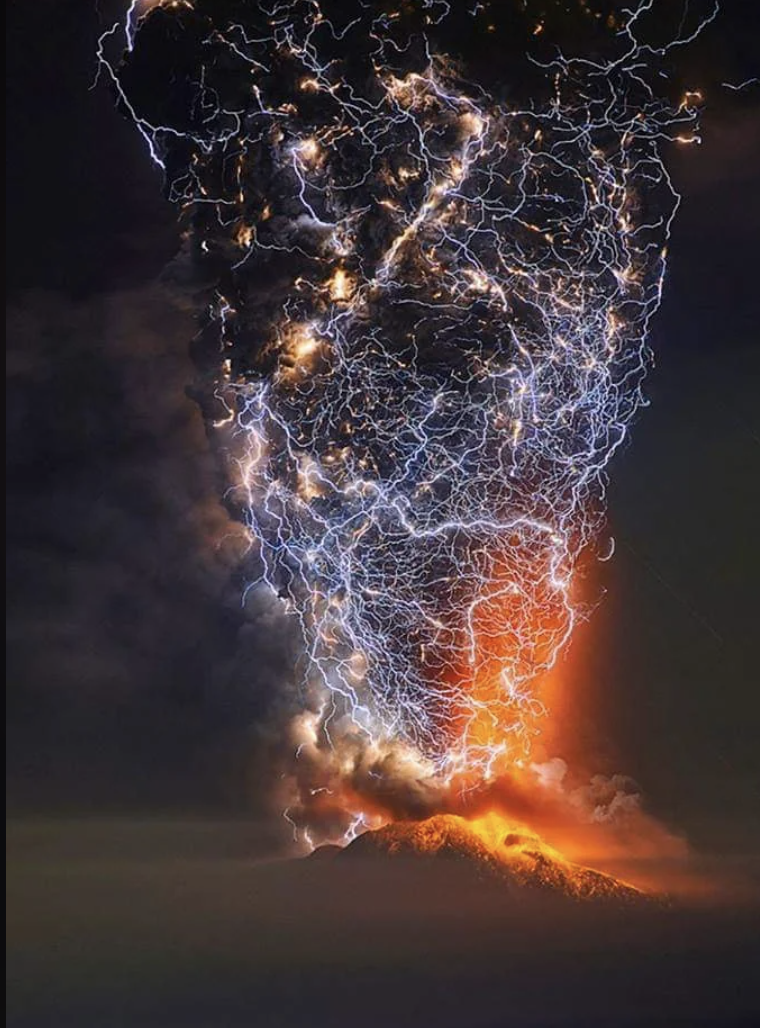 long exposure of lightning over volcano